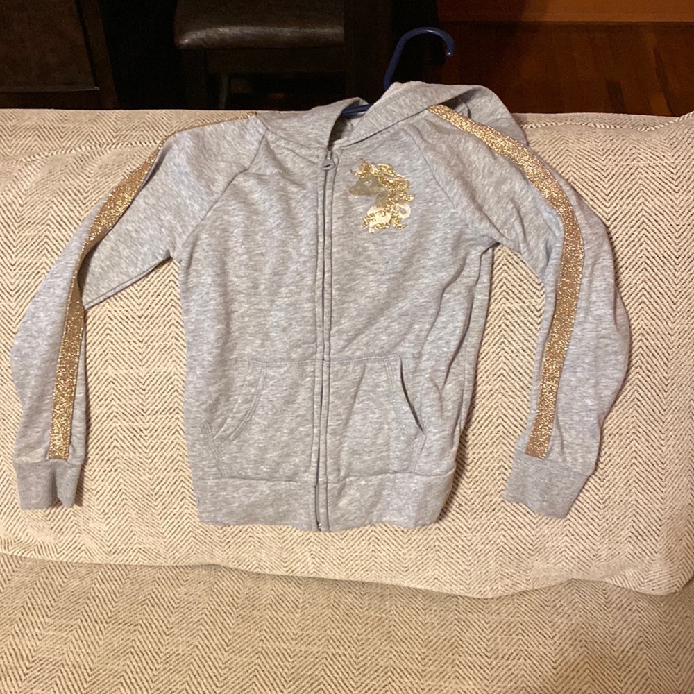 Gray sweater with gold glitter lines on sleeves and gold unicorn on left
